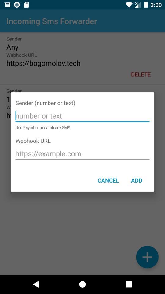 Incoming SMS forwarder new forwarding rule dialog