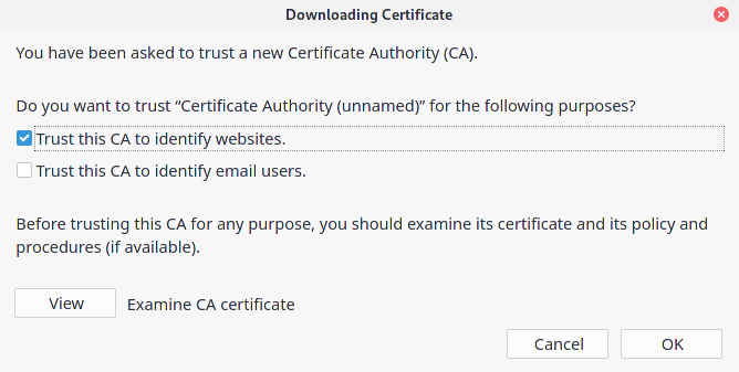 Firefox Downloading certificate dialog screenshot