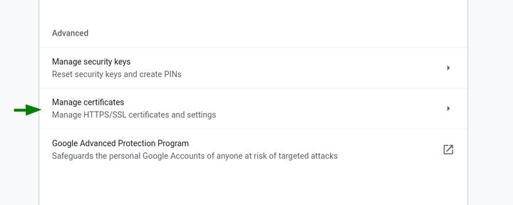 Chrome Manage Certificates menu screenshot