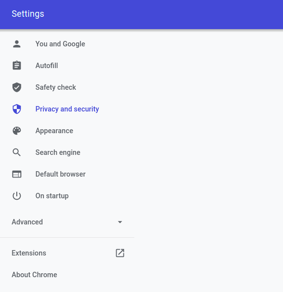 Chrome Privacy and Security menu screenshot