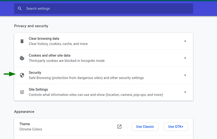 Chrome Security menu screenshot